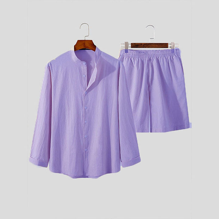 Men's Solid Color Long Sleeve Shirt Shorts Two Piece Set