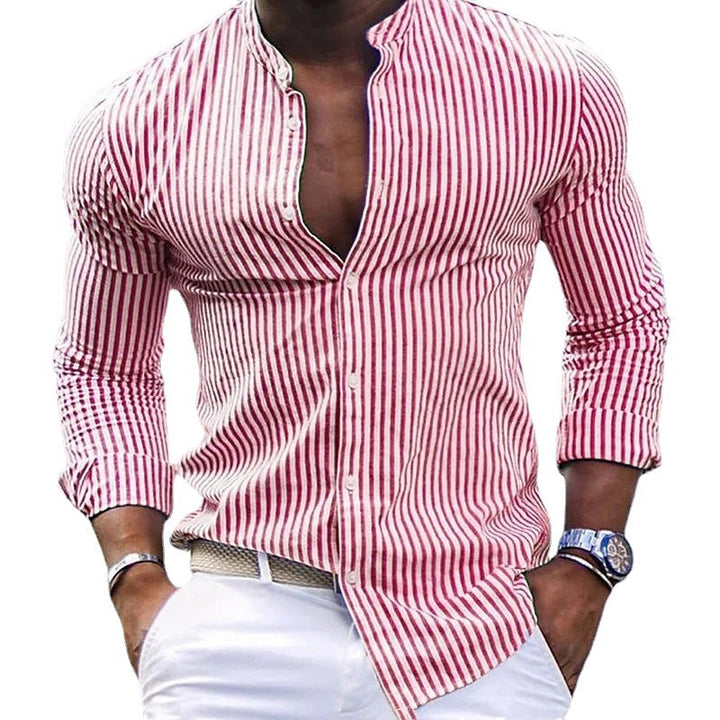 Casual Striped Long Sleeve Shirt with Stand Collar