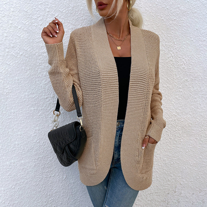 Women's Knitted Sweater Hem Curved Pocket Sweater - Clevecorner