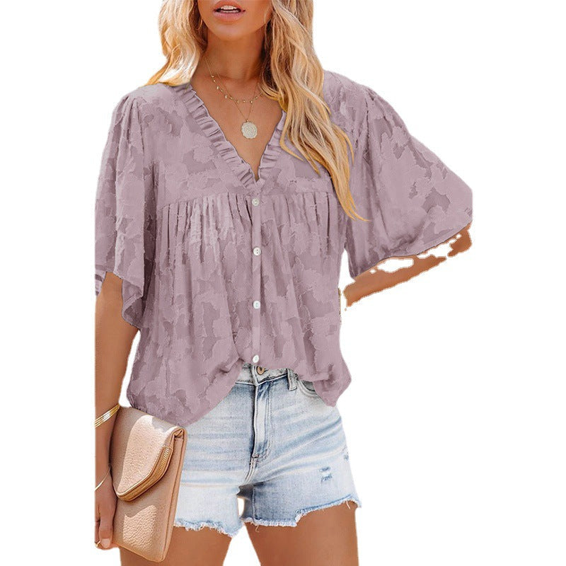 V-neck Cardigan Five-point Mid-sleeve Chiffon Shirt Print Top - Clevecorner