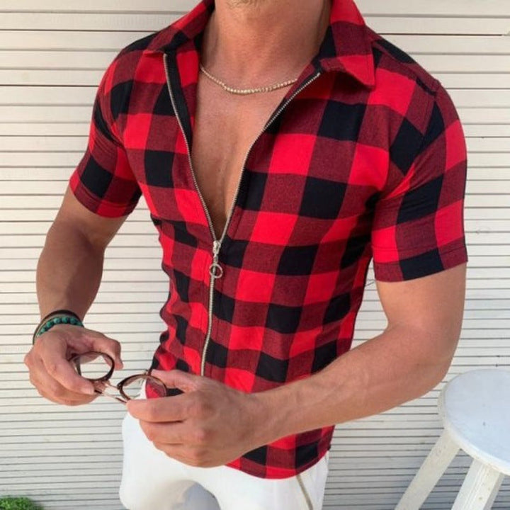 Summer Plaid Zipper T-Shirt for Men