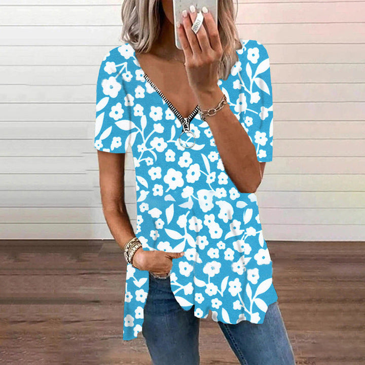 Women's V-neck Zipper Loose Floral T-shirt - Clevecorner