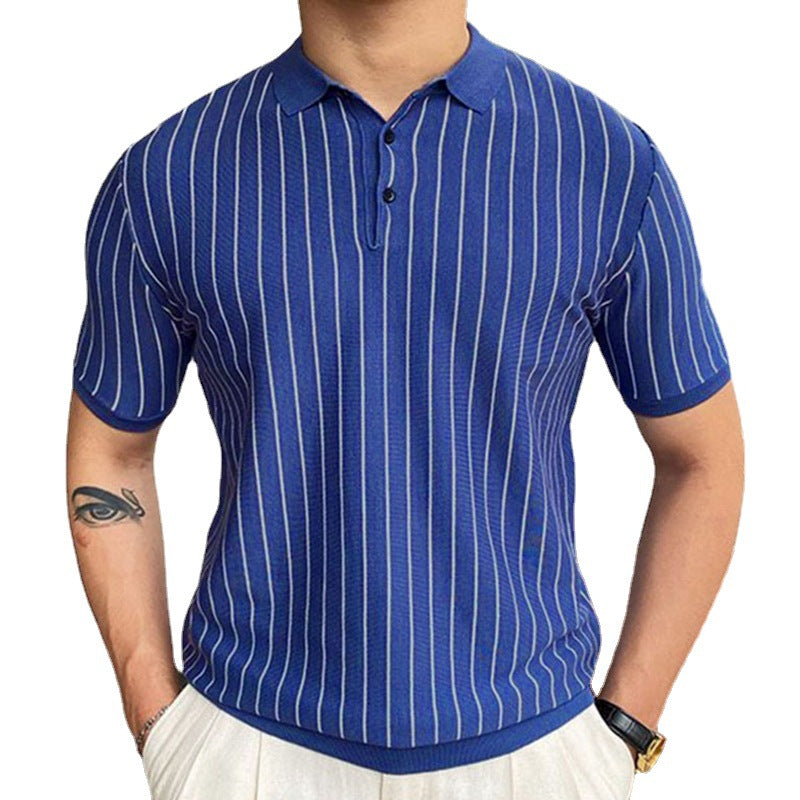 Striped Slim-Fit Short Sleeve Business Shirt with Lapel