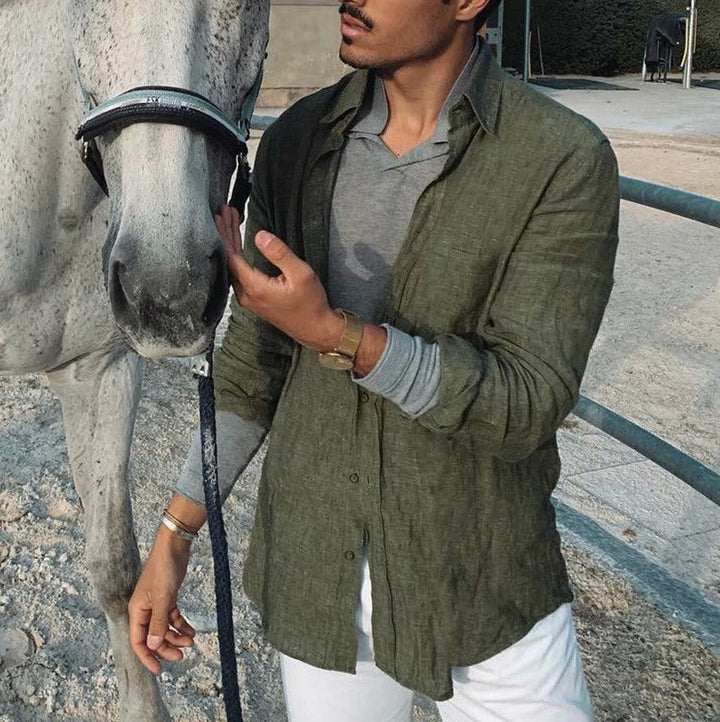 Explosion Style Men's Long-Sleeved Button Cotton and Linen Shirt