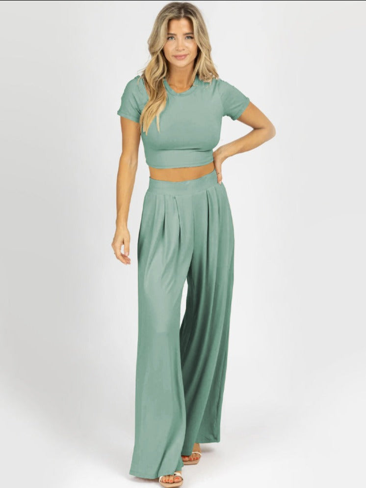 Solid Color Top Wide Leg Pants Two Piece Set
