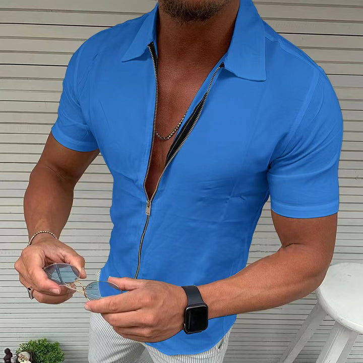 Solid Color Zipper Short Sleeve Cardigan
