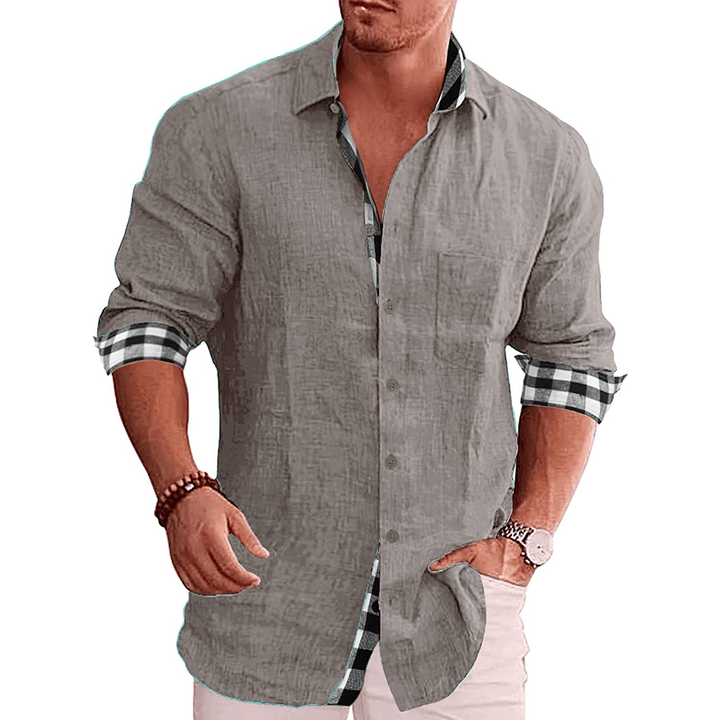 Men's Paneled Casual Buttons Pocket Long Sleeve Shirt