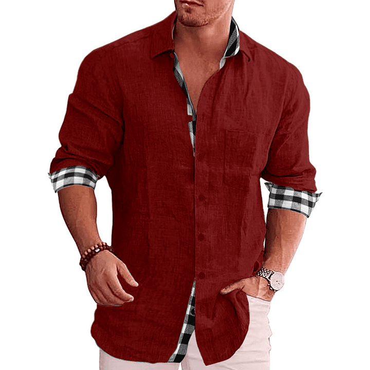 Men's Paneled Casual Buttons Pocket Long Sleeve Shirt