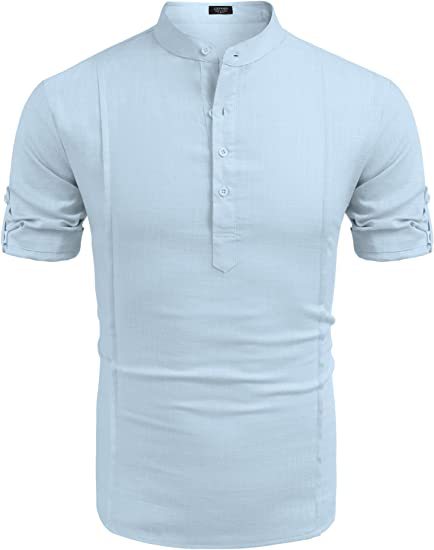 Henley Linen Men Casual Short Sleeve T-Shirt