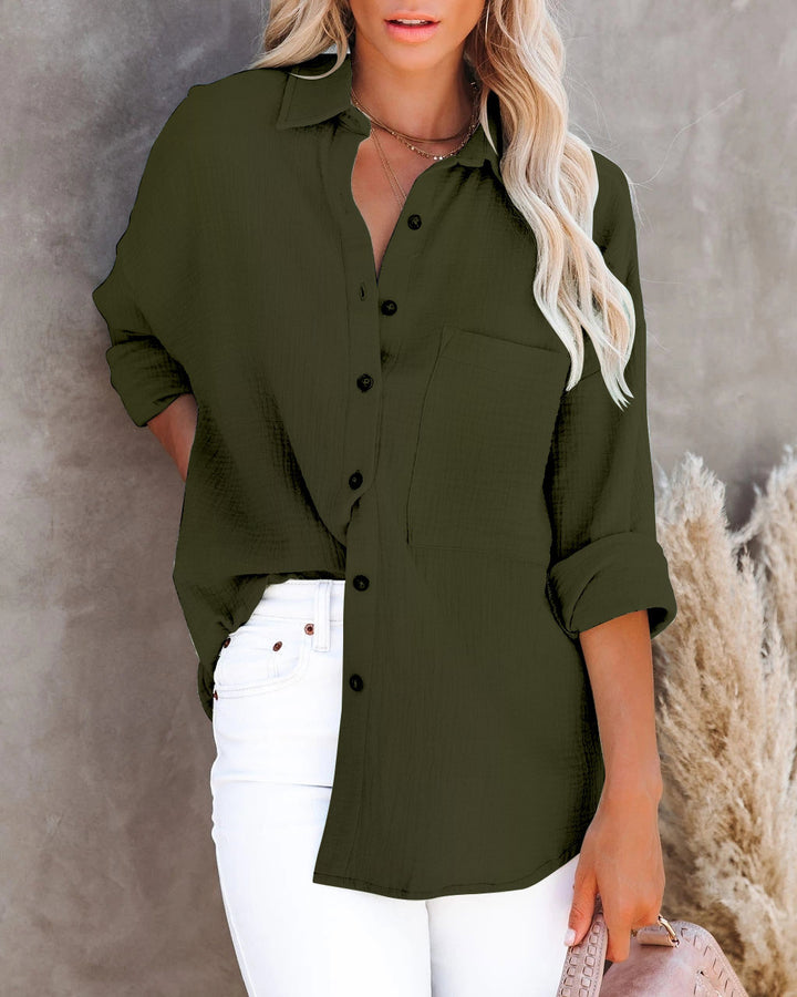 Simple Cotton Linen Long Sleeve V Neck Button Ladies Shirt