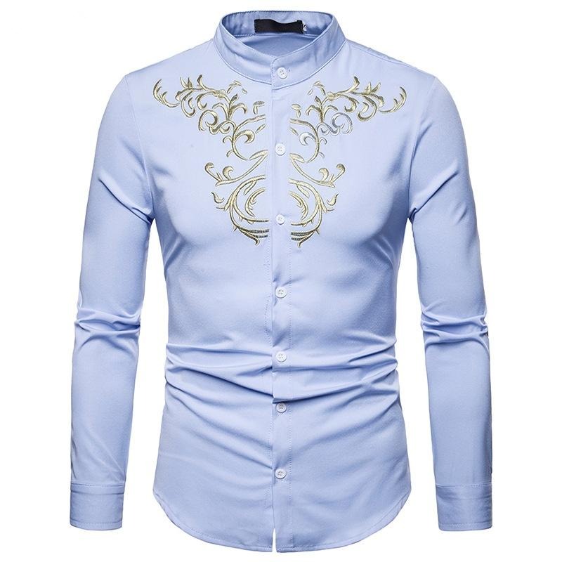 Men's Embroidered Henry Collar Ironing Free Long Sleeves Shirt