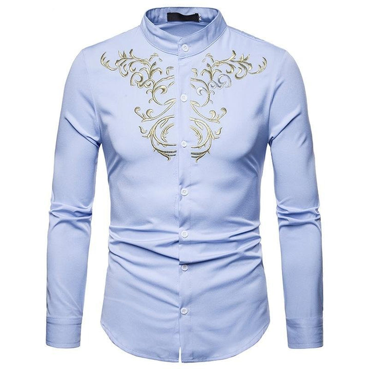 Men's Embroidered Henry Collar Ironing Free Long Sleeves Shirt