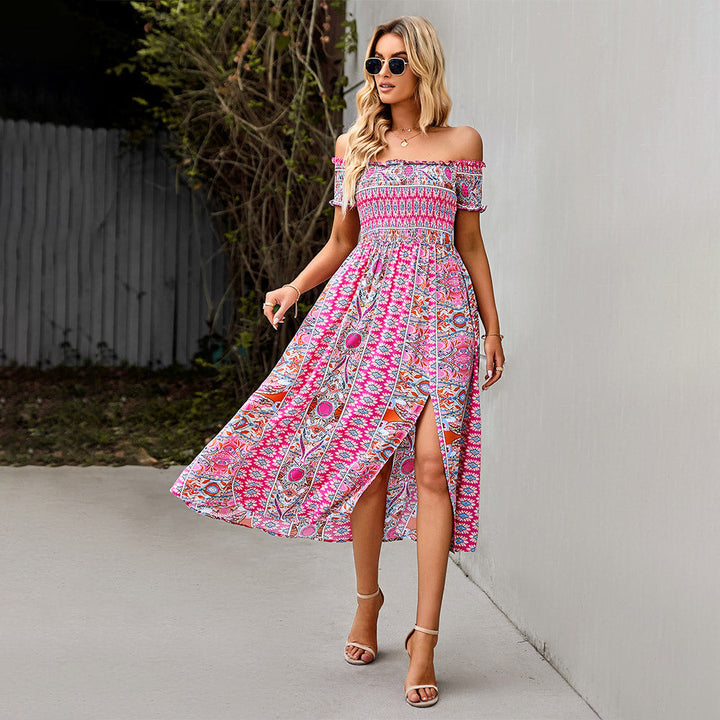 Women's Boho Floral Print Off Shoulder Split Long A Line Beach Dress