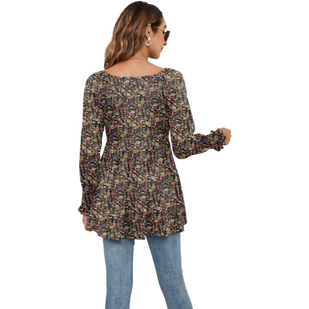 Long Puff Sleeve Tops Women Flowers Print Casual V-Neck Blouse T-Shirts