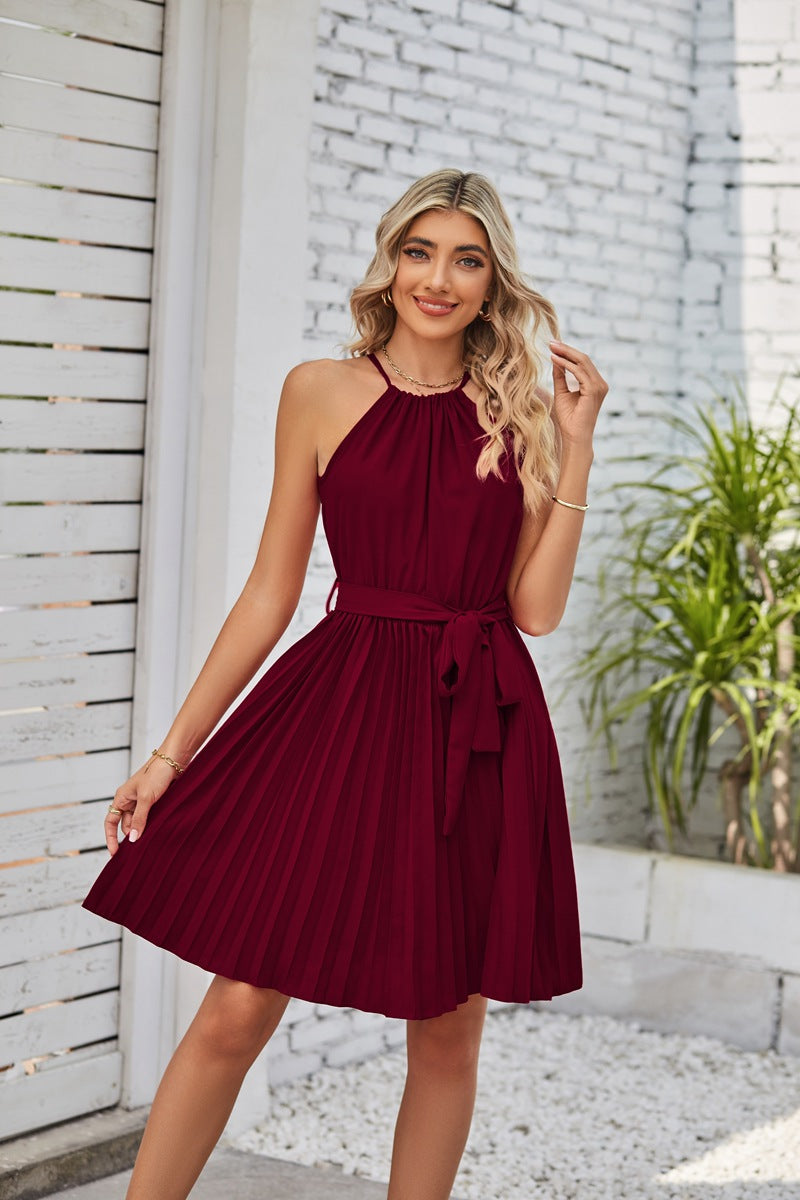 Women's Solid Pleated Skirt Summer Beach Dress