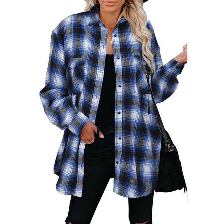 Women's Plaid Mid Length Loose Lapel Cardigan Shirt - Clevecorner