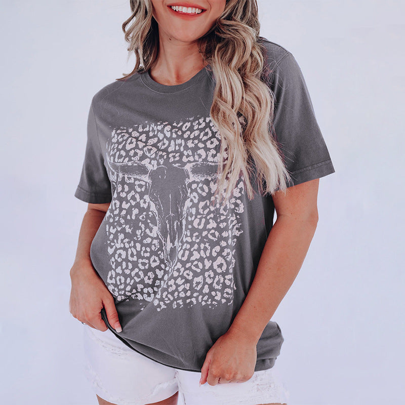 Leopard Print Round Neck Women's Short Sleeve T-Shirt