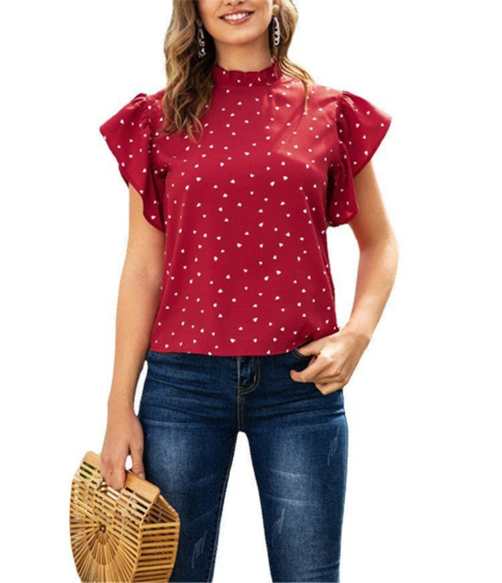 Summer Stand Collar Love Stitching Top - Clevecorner
