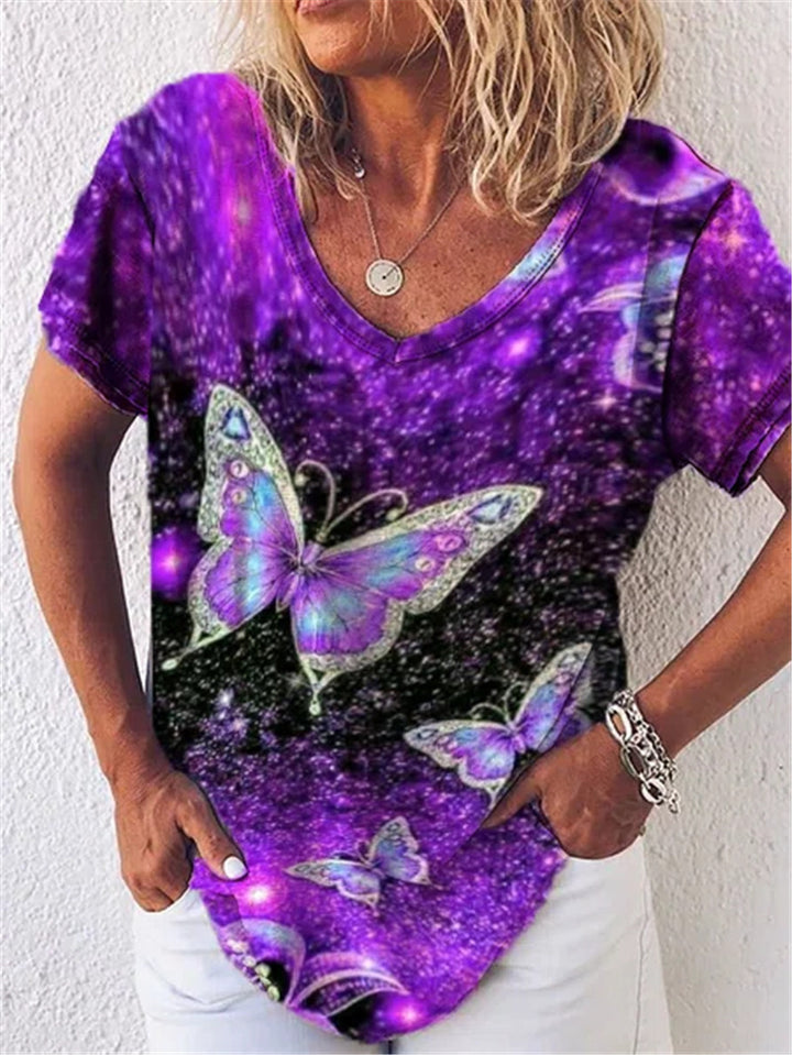 Summer Popular Floral Print Short-sleeved V-neck T-shirt For Women - Clevecorner