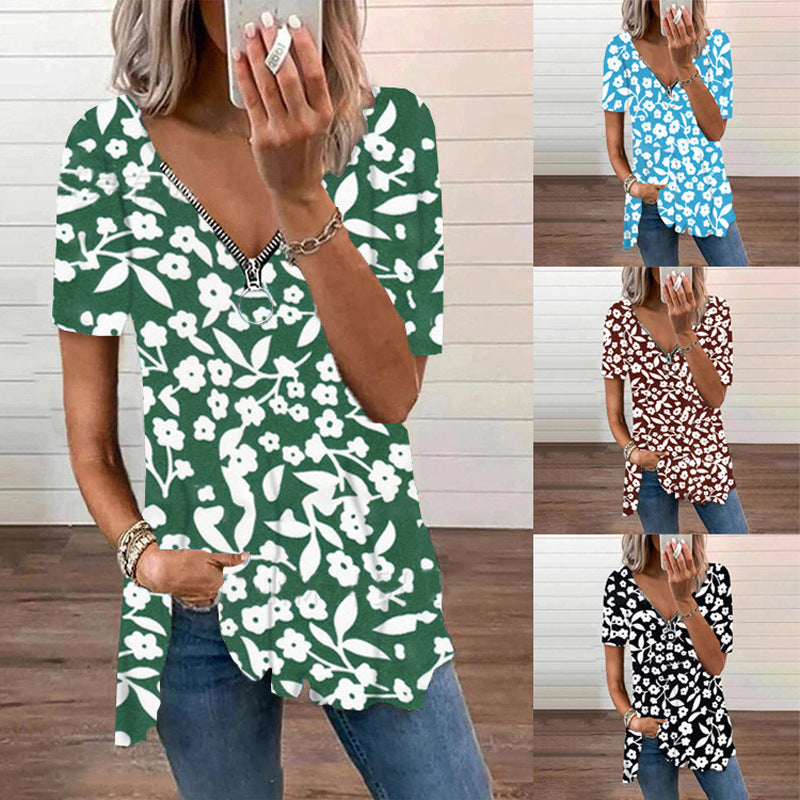 Women's V-neck Zipper Loose Floral T-shirt - Clevecorner