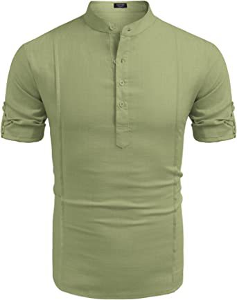 Henley Linen Men Casual Short Sleeve T-Shirt