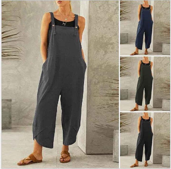 Women's Solid Color Casual Cropped Overalls - Clevecorner