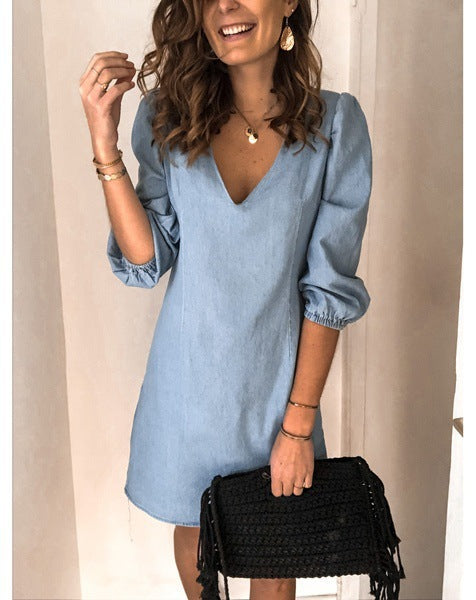 V-neck Short-sleeved Cotton And Linen Dress - Clevecorner