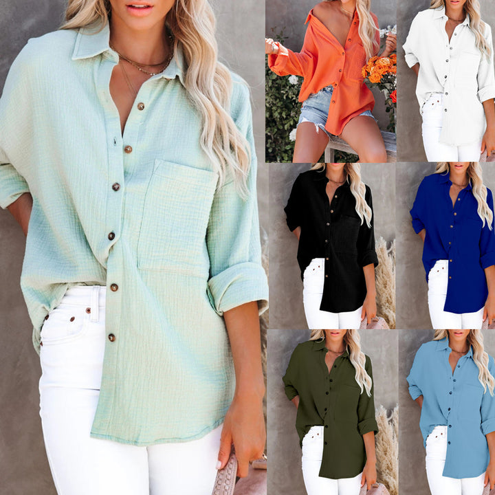 Simple Cotton Linen Long Sleeve V Neck Button Ladies Shirt