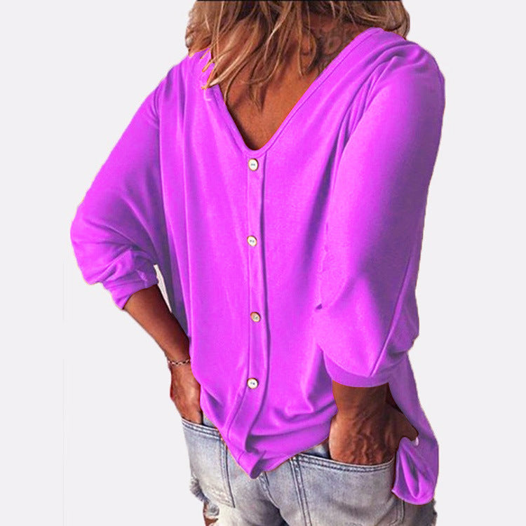 V-neck bat long sleeve back button T-shirt - Clevecorner