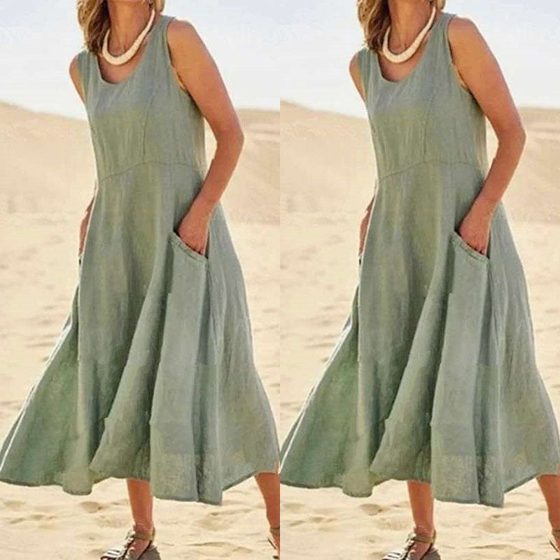 Sleeveless Cotton And Linen Solid Color Beach Dress With Big Swing Skirt