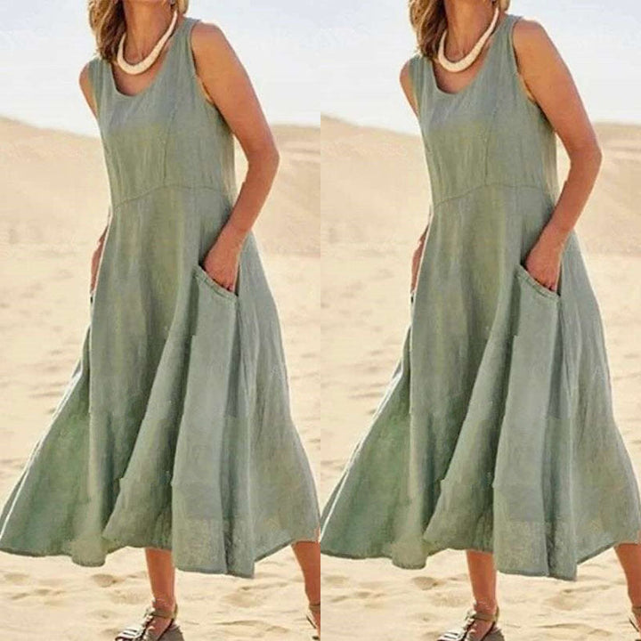 Sleeveless Cotton And Linen Solid Color Beach Dress With Big Swing Skirt