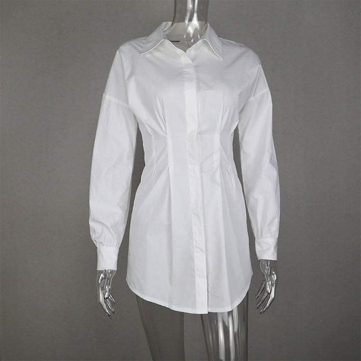 Pleated Waist Cotton Long-Sleeved Shirt