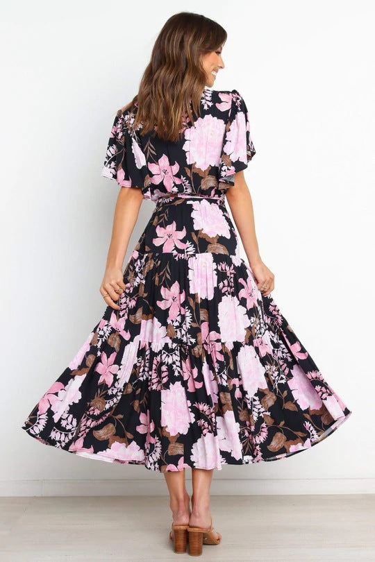 V-Neck Print Short Sleeve Bohemian Dress - Clevecorner