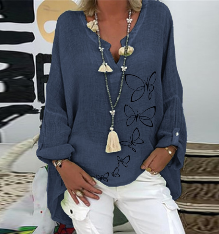 V-neck Printed Slub Shirt Women - Clevecorner