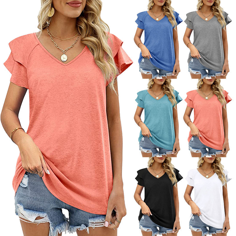 Ruffle Short Sleeve Solid Color Summer Tops Blouse