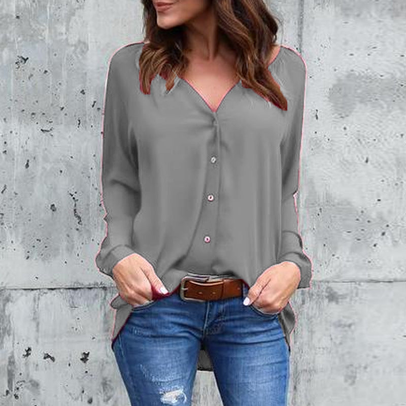 V-neck pleated button chiffon shirt - Clevecorner