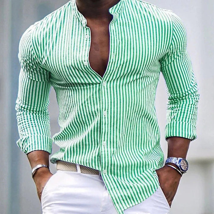 Casual Striped Long Sleeve Shirt with Stand Collar