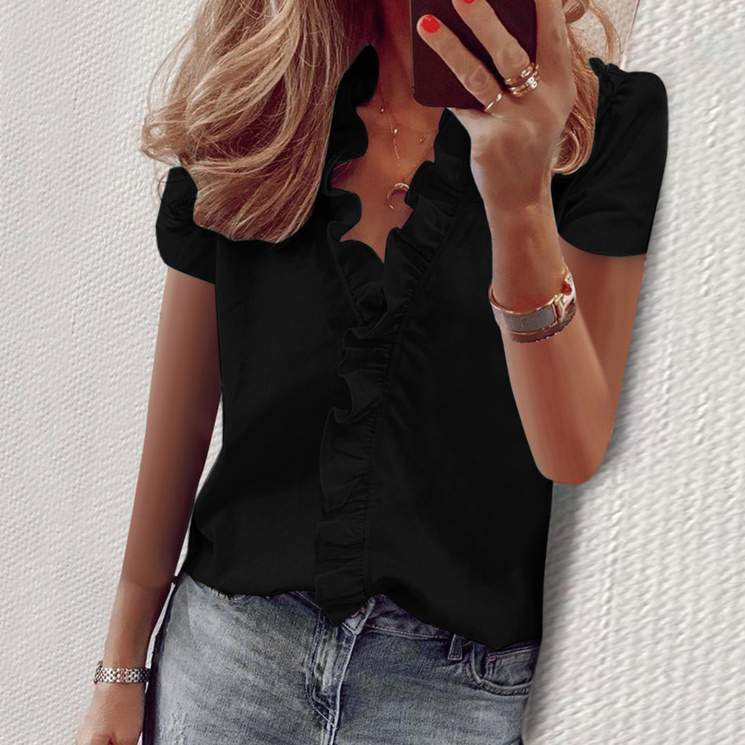 Solid Color V-Neck Short Sleeve Ruffle Shirt Top T-Shirt Women