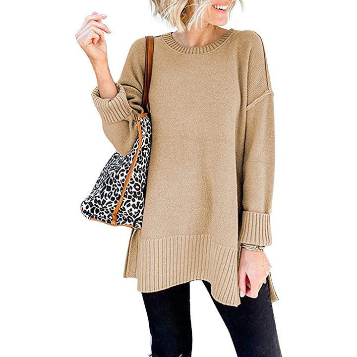 Long Sleeve Side Slit Loose Wool Knit Pullover Blouse