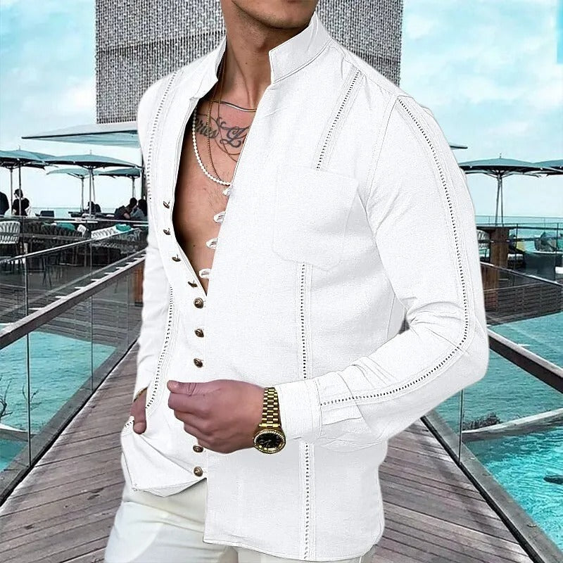 Men's Cotton Linen Solid Color Long Sleeve Shirt