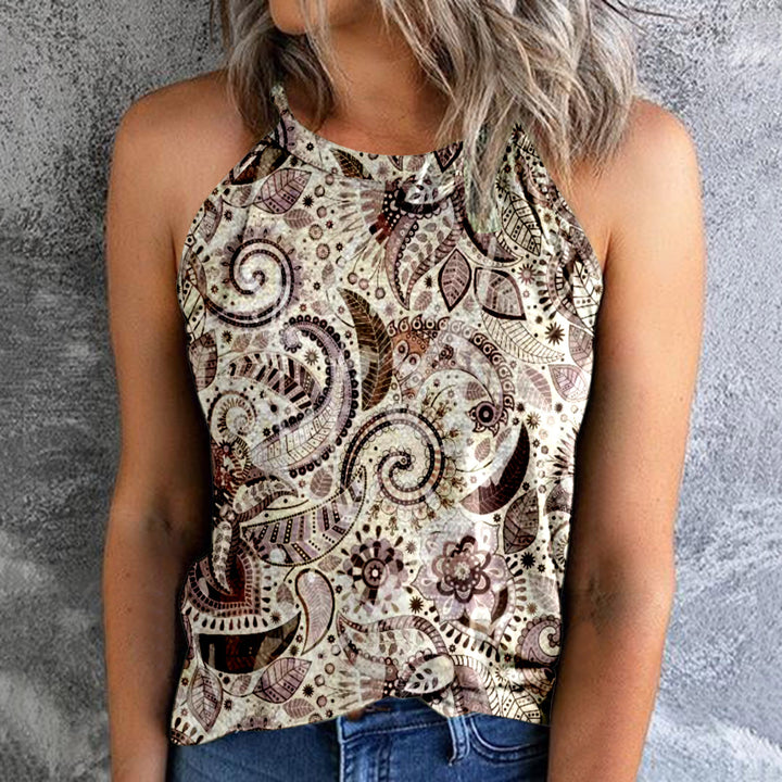 Women's Bohemian Print Vest Stitching Retro Pullover Slim Top - Clevecorner