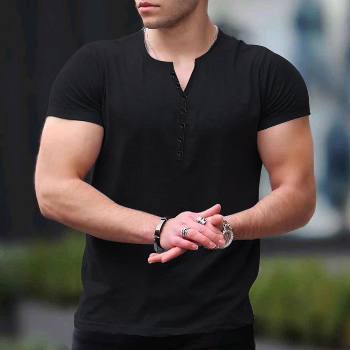 Refined Henley Elegance: Men's Short Sleeve Button-Up Solid Color T-Shirt