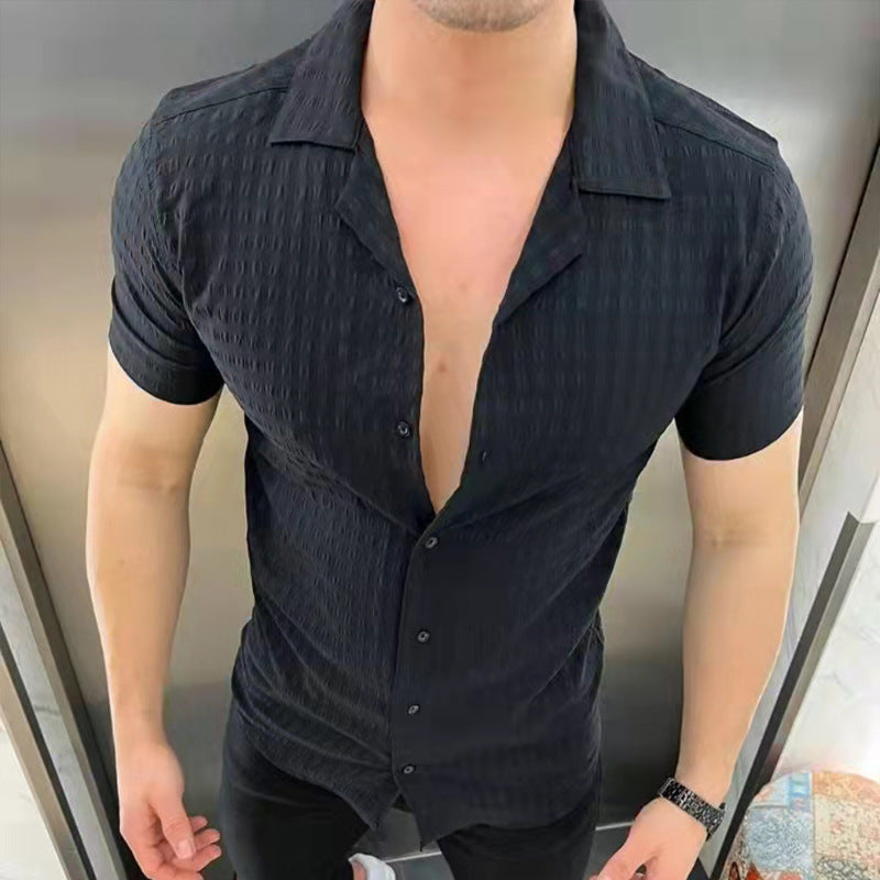 Men's Lapel Cotton Jacquard Short-Sleeve Shirt