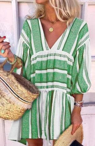 Women's Striped Print V Neck Three Quarter Sleeve Dress - Clevecorner