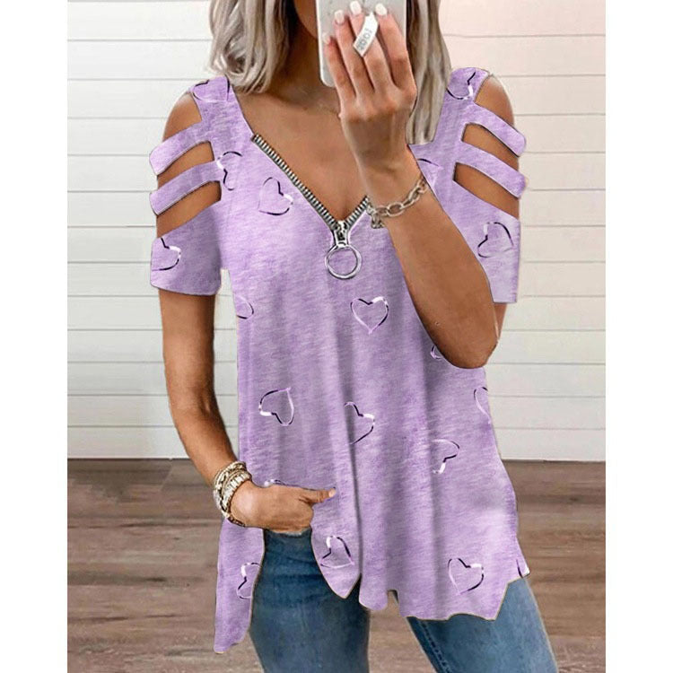 V-neck Zipper Print Short Sleeve Loose Casual T-shirt - Clevecorner