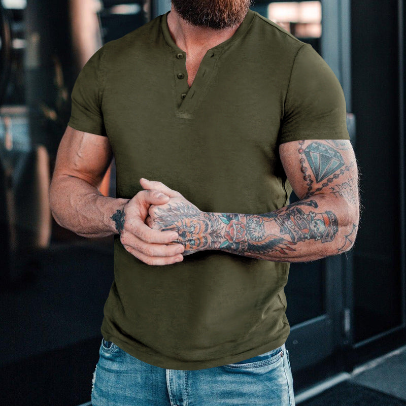 Men's Casual Henley Round Neck Solid Color T-Shirt