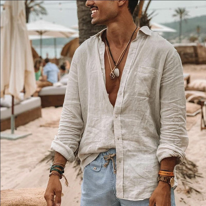 Explosion Style Men's Long-Sleeved Button Cotton and Linen Shirt