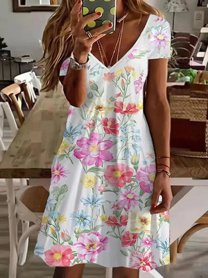 Women's V-Neck Fashion Print Loose Dress - Clevecorner