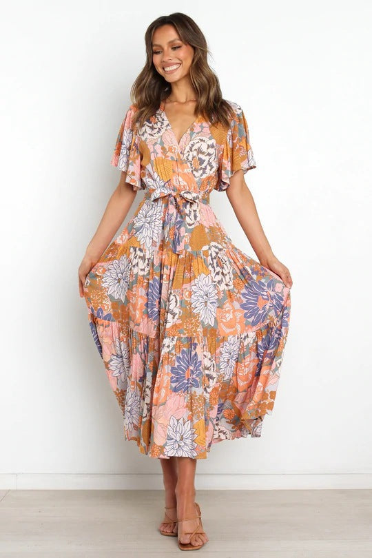 V-Neck Print Short Sleeve Bohemian Dress - Clevecorner