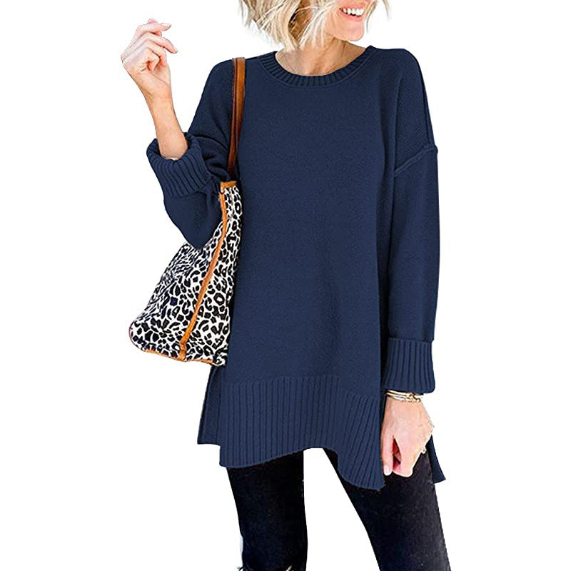 Long Sleeve Side Slit Loose Wool Knit Pullover Blouse